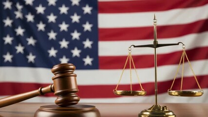 wooden gavel rests next to golden balance scale on polished wood surface with the American flag visible in the blurred background signifying justice and law - Powered by Adobe