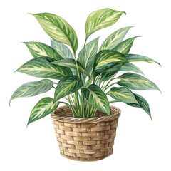 Watercolor Houseplant in Woven Basket isolated on a transparent background green