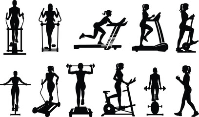 Gym workout silhouettes, fitness equipment, cardio training, strength exercise, treadmill, elliptical, stair climber, jump rope, dumbbells, healthy lifestyle, active people