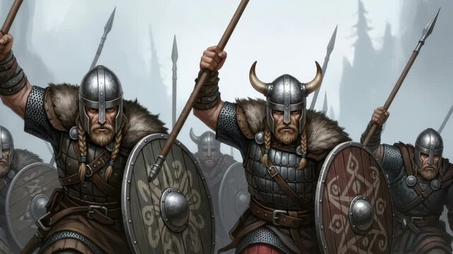determined line of bearded and braided warriors some with horned helmets clad in fur and chainmail march with raised spears and round shields featuring intricate knotwork designs