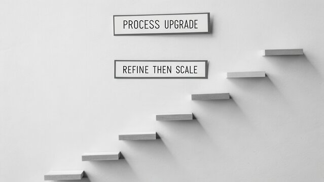 Inspirational office decor with motivational quotes on minimalist wall about process upgrade and scalable strategies