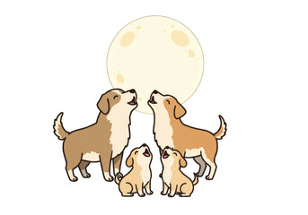 Cartoon illustration of a family of four dogs, two adults and two puppies, howling at a large full moon on a white background.