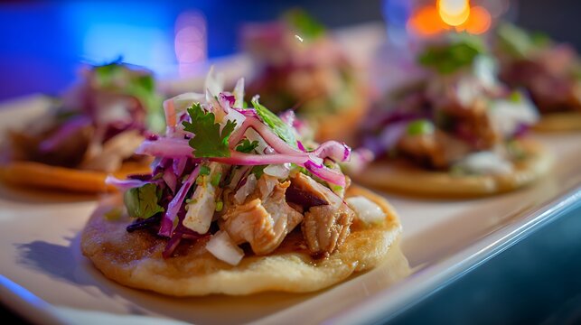 Belizean salbutes, isolated on a white plate, fluffy tortillas topped with chicken, vegetables, and pickled onions