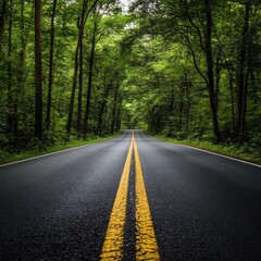 Fototapeta premium Road leading through lush green forest on a bright sunny day