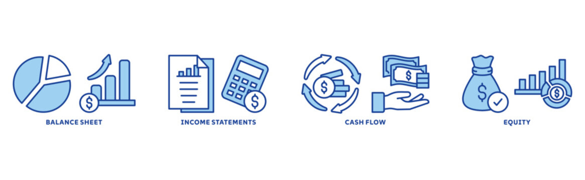 Financial statement icon set illustration concept with icon of income statement, balance sheet, cash flow, equity