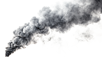Thick plume of dark gray smoke billowing upward against a white backdrop for dramatic effect isolated on transparent background