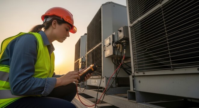 Professional female HVAC technician in safety vest and hard hat using a multimeter to inspect industrial air conditioning units on a rooftop during sunset