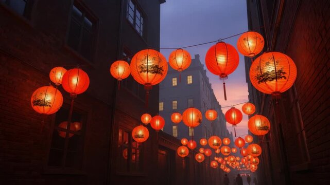 narrow alley glows with many red and orange lanterns some patterned strung overhead Tall buildings line the sides and figures walk on wet ground under twilight sky mixing purple blue and orange