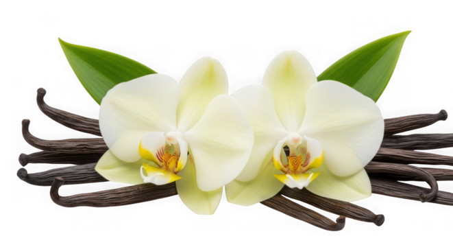Vanilla pods and orchid flowers isolated on transparent background, aromatic spice
