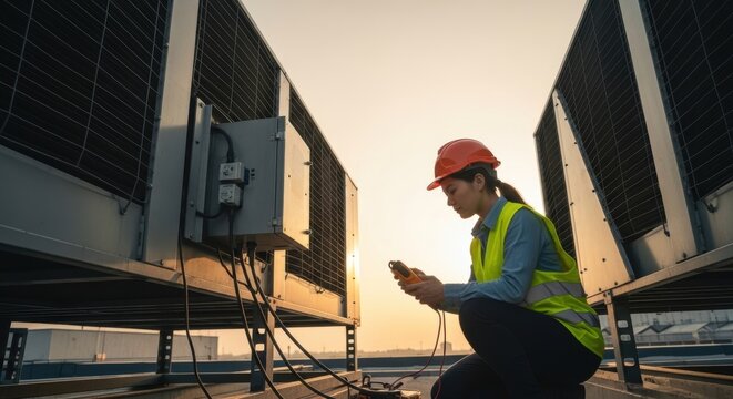 HVAC Engineer Inspecting Air Conditioning System on a Rooftop at Sunset