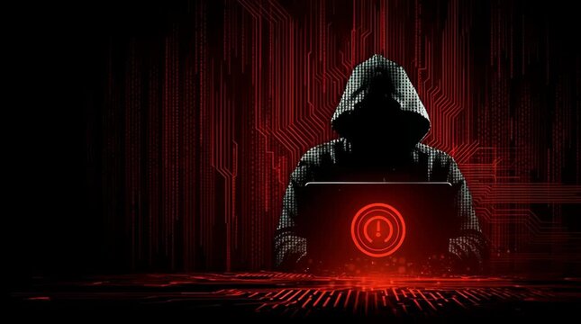 Cybersecurity threat: hacker attack with laptop and red alert, digital security concept 