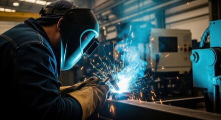 Welder at Work: Precision Welding with Bright Sparks in a Metalworking Factory