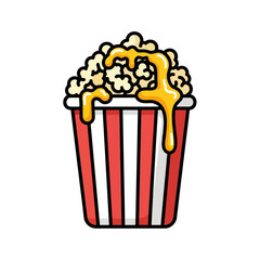 Delicious popcorn overflowing from a classic red and white striped container.