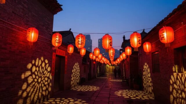 brick alleyway glows under twilight adorned with many red lanterns Their warm light casts intricate patterns on walls and path Distant modern buildings rise against the blue sky