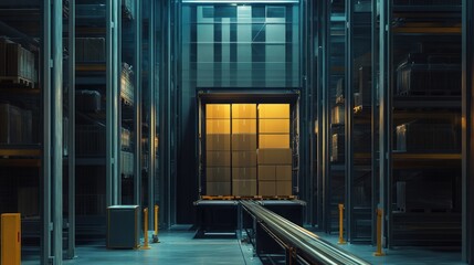 Interior view of a modern automated warehouse with high shelving, conveyor belt, and automated lift.