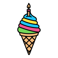 Colorful birthday ice cream cone with a single lit candle.