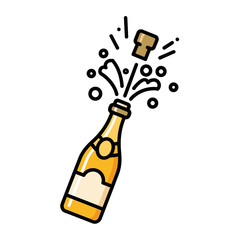 Champagne bottle popping cork with splash and bubbles celebration.