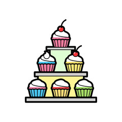 Cupcake display with tiered shelves and delicious frosted treats.