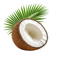 Half coconut with palm leaf on black. Isolated tropical fruit
