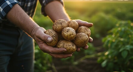 Cinematic close up shot of mature farmer's hands showing heap of fresh raw potatoes harvested at the moment on countryside agricultural bio and eco farming cultivation field garden.