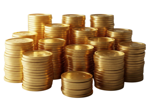 Pile of Glossy Gold Tokens Representing Savings and Success PNG