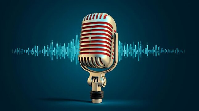 Vintage microphone audio recording podcast studio equipment sound waves blue background vocal mic