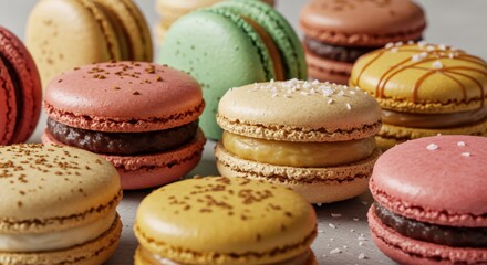 Fototapeta premium Delicious and colorful macarons on a white surface, a delightful confectionery treat