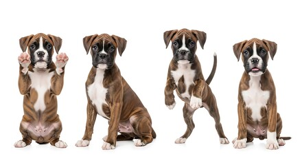 Fototapeta premium Four adorable brindle and white Boxer puppies posing in various positions on a white background.
