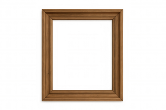 Empty brown wooden picture frame with natural grain, featuring a transparent center for versatile use