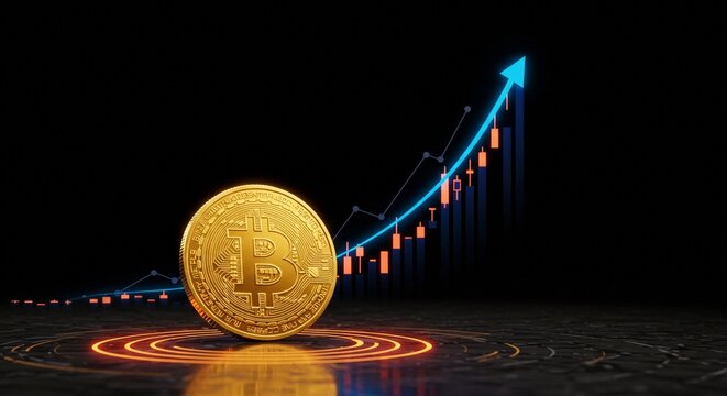 Futuristic illustration of a glowing Bitcoin coin rising with neon financial graph, dark dimensional background, cyber light effects, vibrant reflections, modern digital finance theme, luminous golden