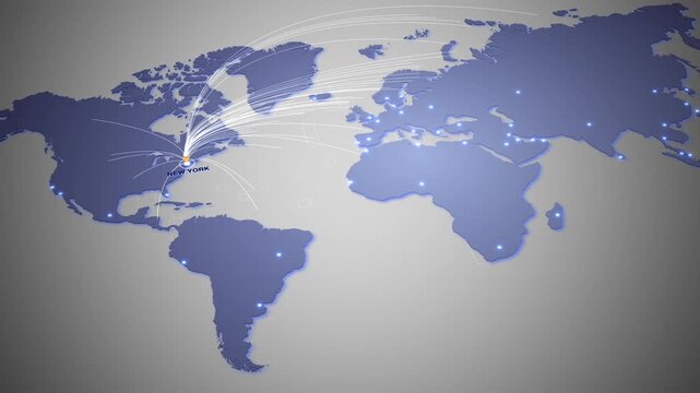 Futuristic world map with glowing connection lines radiating from New York, USA, representing global business, logistics, communication, and digital data transfer