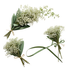 Small bouquets of tiny white flowers with green wrapping on a black background
