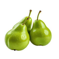 Three green pears close-up on black background, wet with condensation