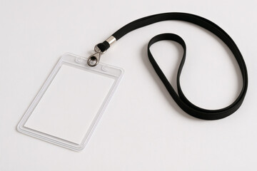 Blank ID Badge with Black Lanyard on White Background