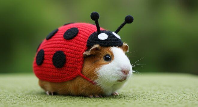 Adorable guinea pig dressed as a ladybug, sitting on a green surface, cute pet