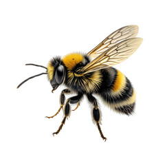 Fuzzy bumblebee with yellow and black stripes, wings spread open