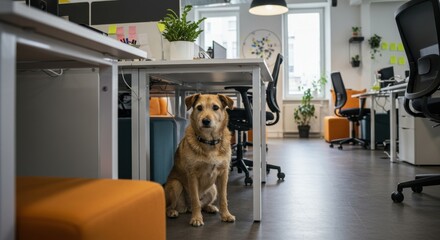 Dog sitting under a desk in a modern office with plants and orange furniture
