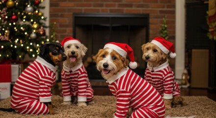 Four dogs in pajamas and santa hats sitting in front of a christmas tree