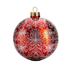 Red bauble with white flower patterns on black background. Festive holiday