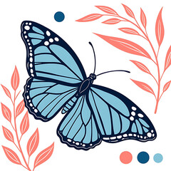 Blue butterfly with floral elements isolated on white background