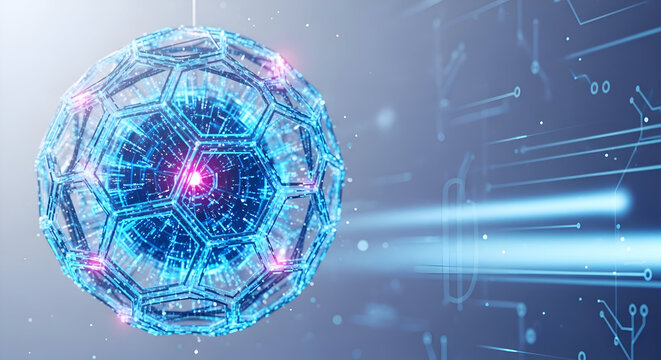 Stunning digital sphere with glowing geometric structure represents advanced technology and AI innovation powering future networks and data analysis.