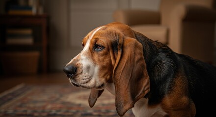 Portrait of a basset hound dog with sad eyes in a cozy indoor setting