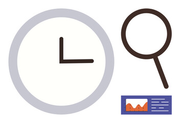 Clock illustrating time, magnifier for analysis, and data graph combining productivity and strategy concepts. Ideal for research, planning, efficiency, business, information, time tracking flat