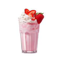 Delicious pink strawberry milkshake topped with whipped cream and fresh strawberry slices and whole fruit isolated on transparent background