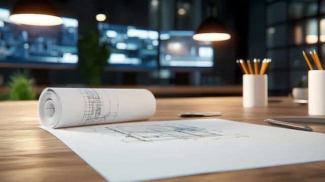 Architectural blueprints on a wooden table in a modern office.