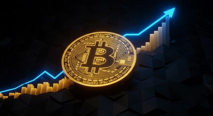Glowing Bitcoin coin illustration with neon upward graph, cyber futuristic style, black dimensional space background, bright light reflections, gold and blue neon tones, 4K resolution, highly detailed