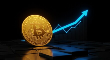 Glowing Bitcoin coin illustration with neon upward graph, cyber futuristic style, black dimensional space background, bright light reflections, gold and blue neon tones, 4K resolution, highly detailed