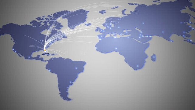 Futuristic world map with glowing connection lines radiating from Miami, USA, representing global business, logistics, communication, and digital data transfer