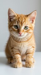 Obraz premium Adorable ginger tabby kitten sitting on white surface isolated on white background