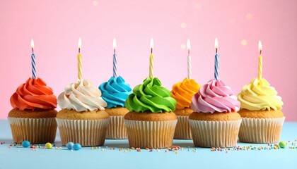 Colorful Cupcakes with Candles Celebrating a Birthday Party Event